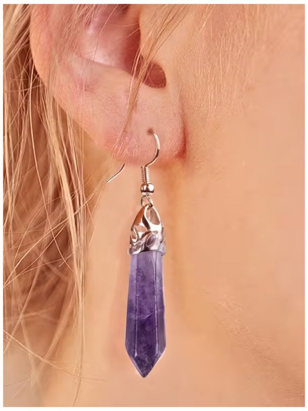 Spiritual Healing Quartz Jewelry Bohemian Amethyst Crystal Point Dangle Earrings - Picture 5 of 6